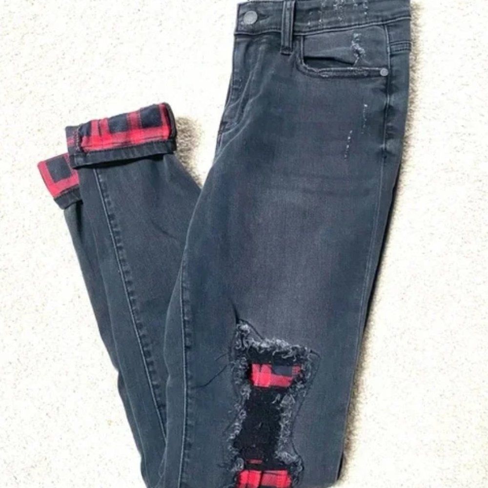 Judy Blue Plaid Patch Distressed Skinny Jeans Black Wash 7 28